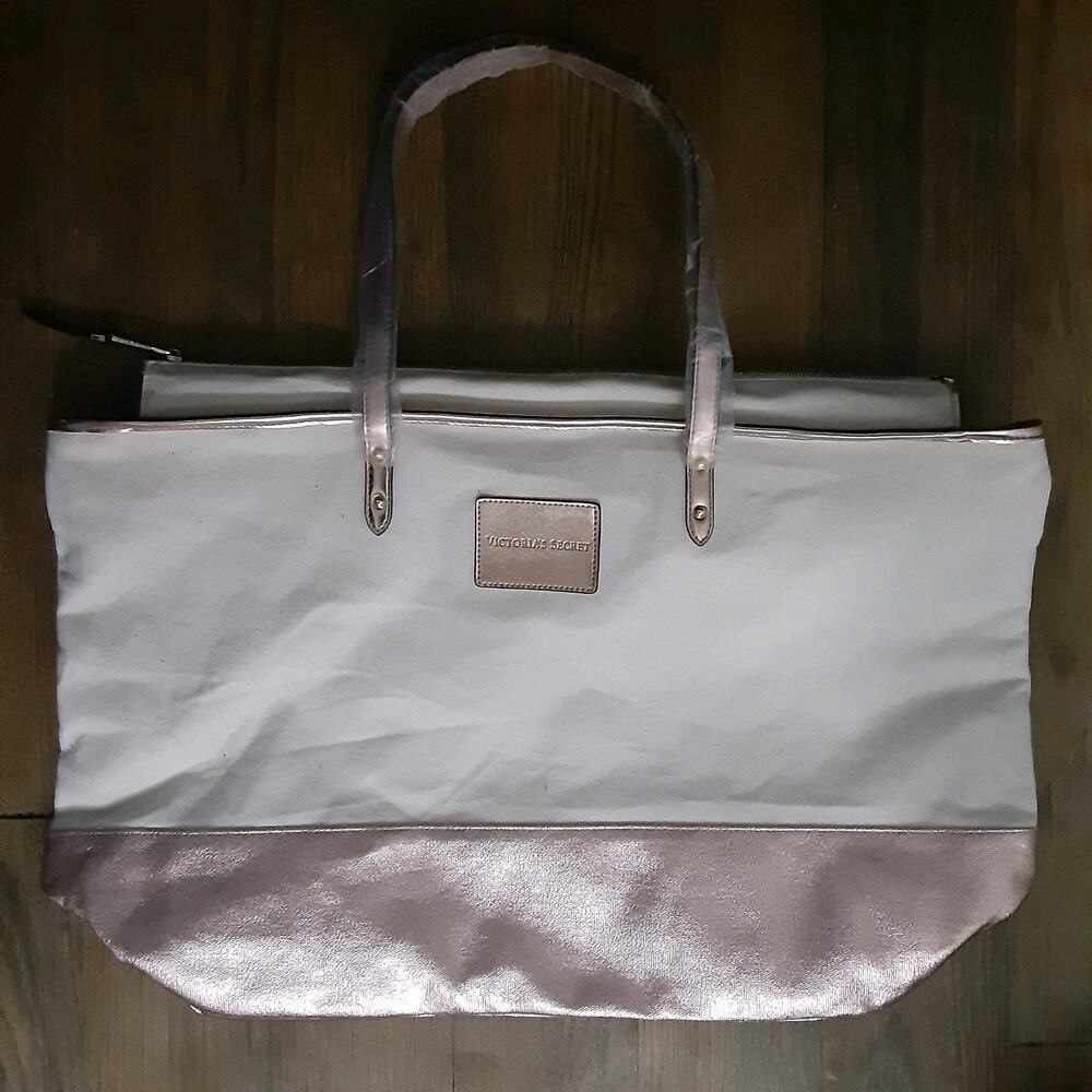 Victoria’s Secret Glam Canvas Rose Gold Trim Zipper Overnight Tote Bag READ